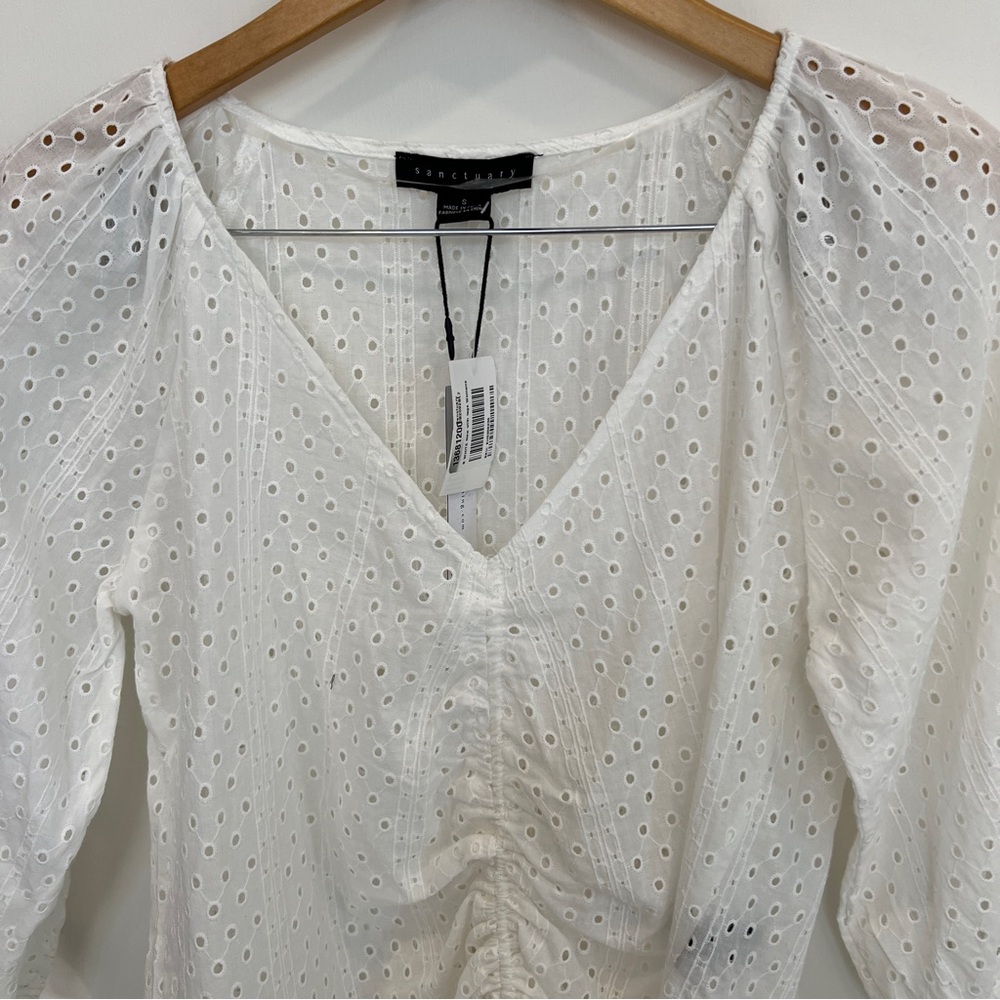 ❤️💙💛 Sanctuary White V Neck Eyelet Ruched Top Blouse Shirt - Picture 3 of 9